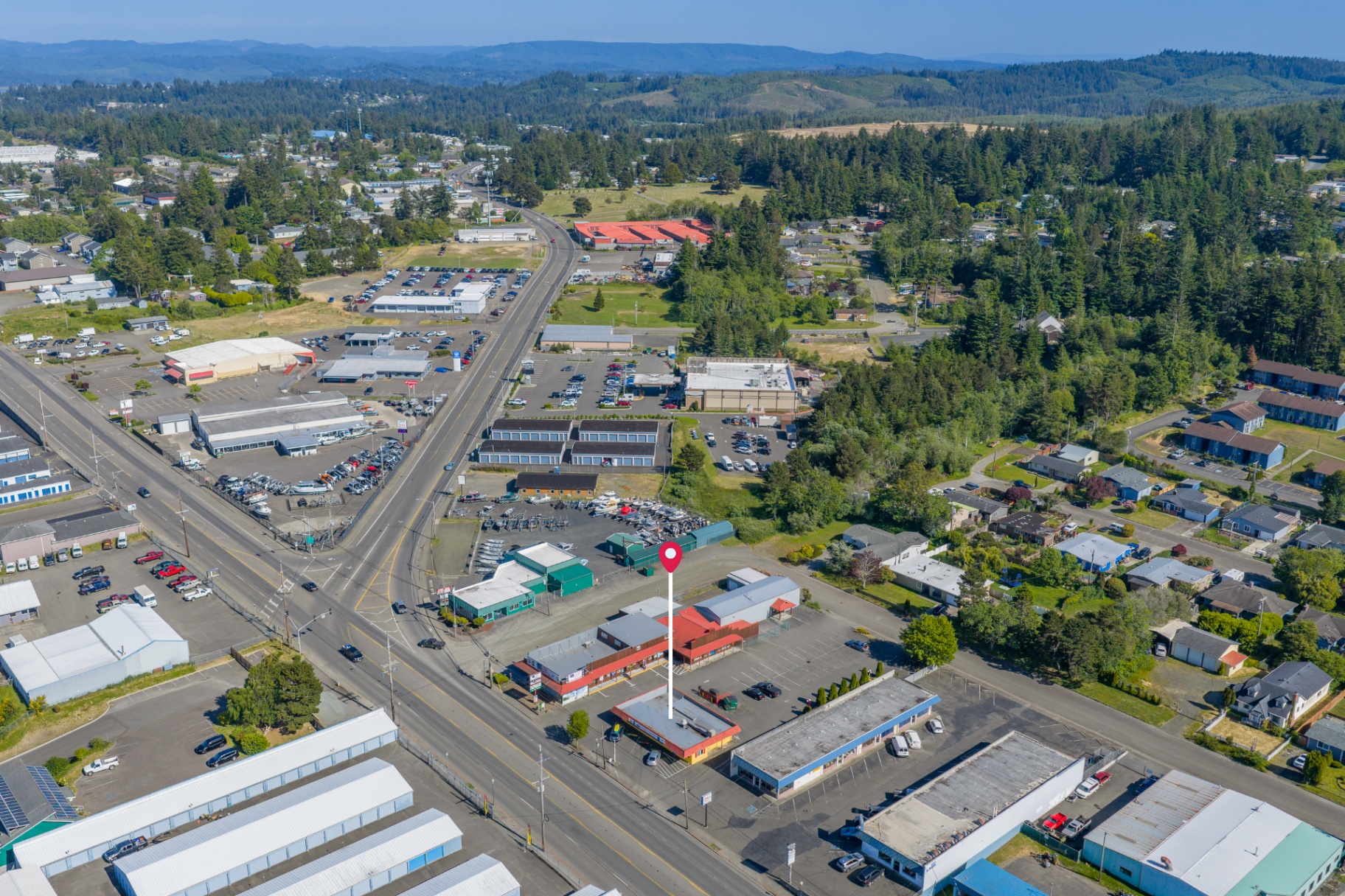 Wide aerial of surrounding Coos Bay area